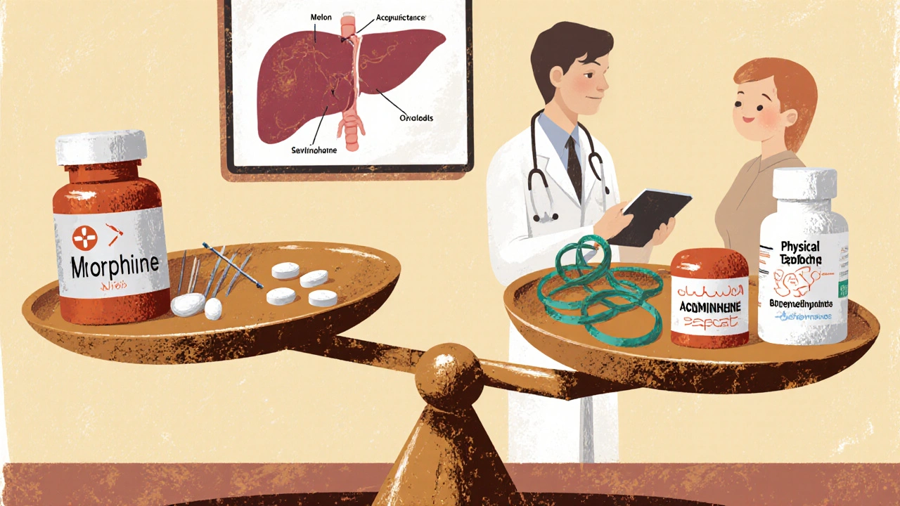 A scale balancing dangerous opioids against safer pain relief alternatives like acupuncture and patches