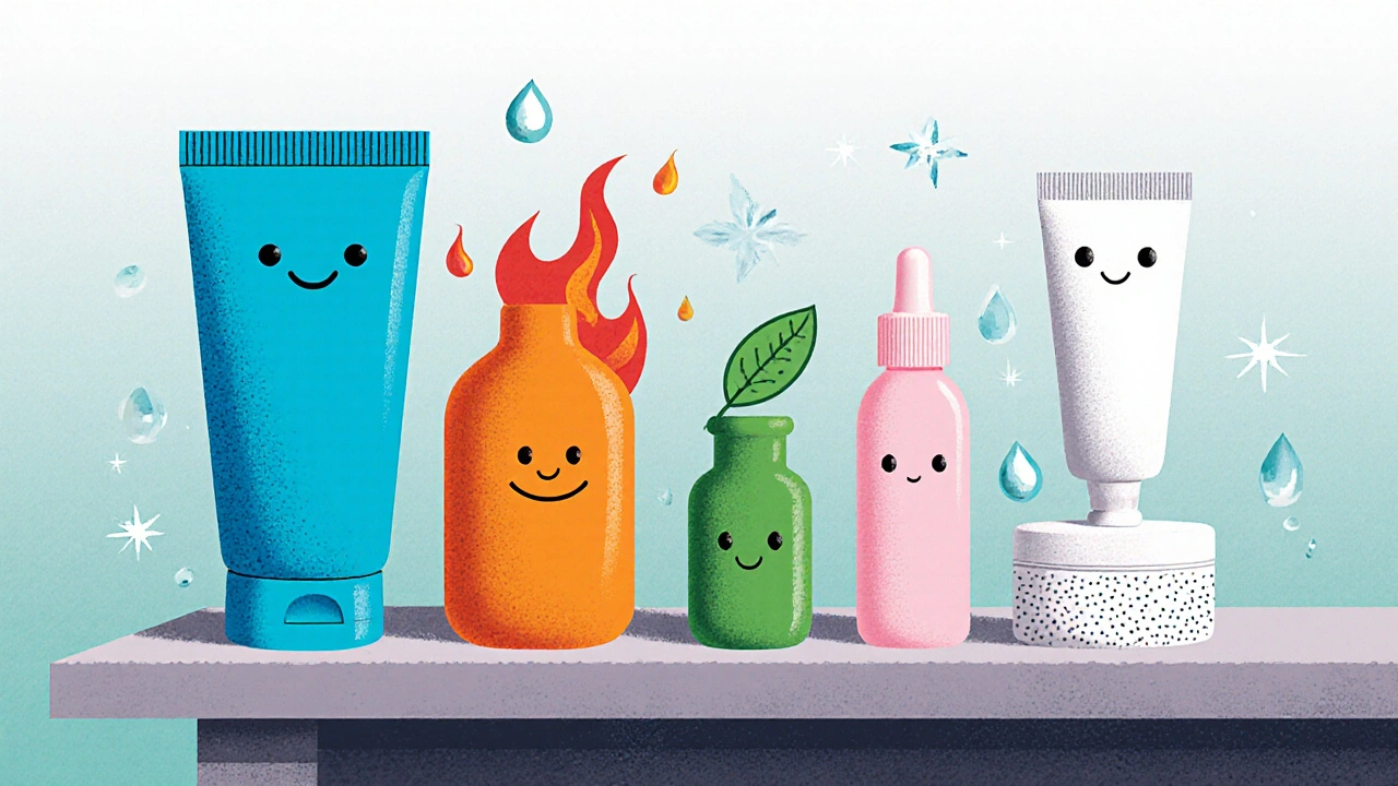Array of personified skincare bottles representing different retinoid alternatives on a table.