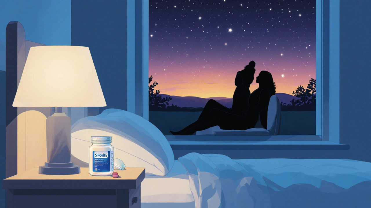 Bedroom at dusk with a Sildalis pill on the nightstand, sunset to night sky, and a relaxed couple nearby.