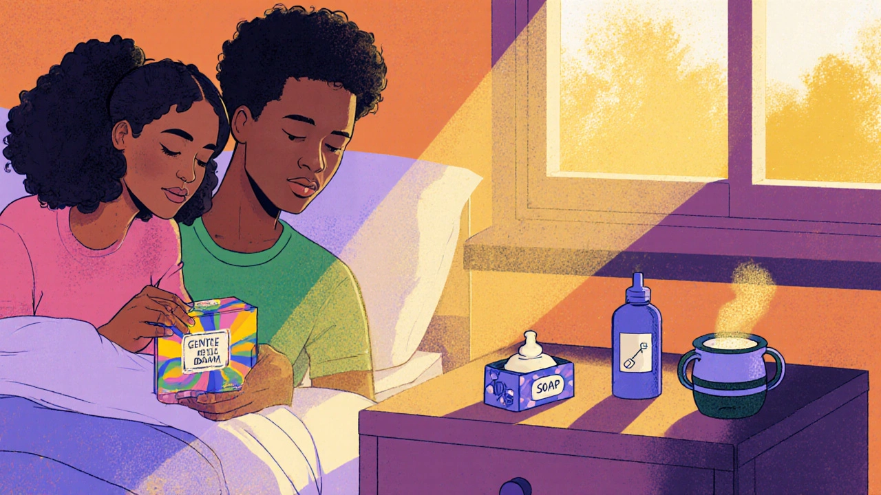 Bedroom scene with a couple showing condoms, dental dam, and cleaning supplies.