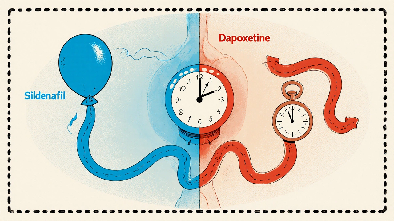 Cartoon cross‑section showing sildenafil inflating a shape and dapoxetine slowing a clock.