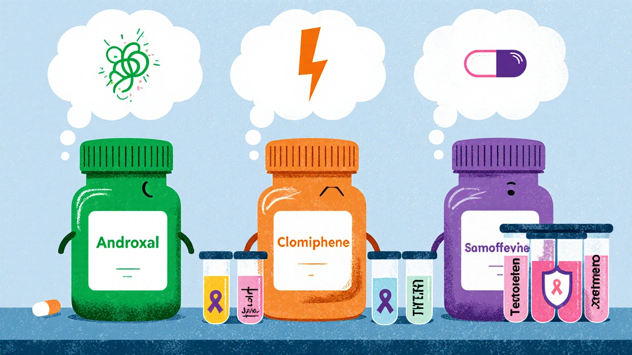 Cartoon pill bottles of Androxal, Clomiphene, and Tamoxifen with icons for effects and side‑effects.