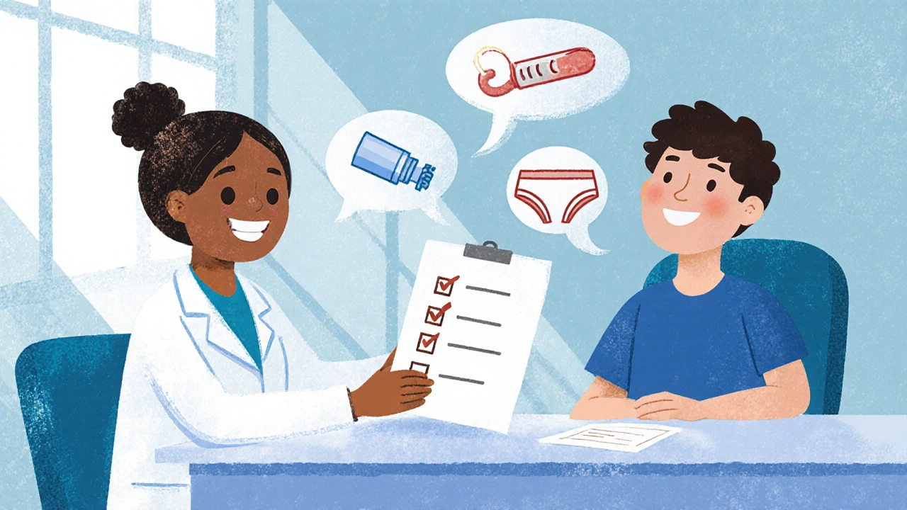 Clinic illustration with a health professional handing a prevention checklist to a patient.