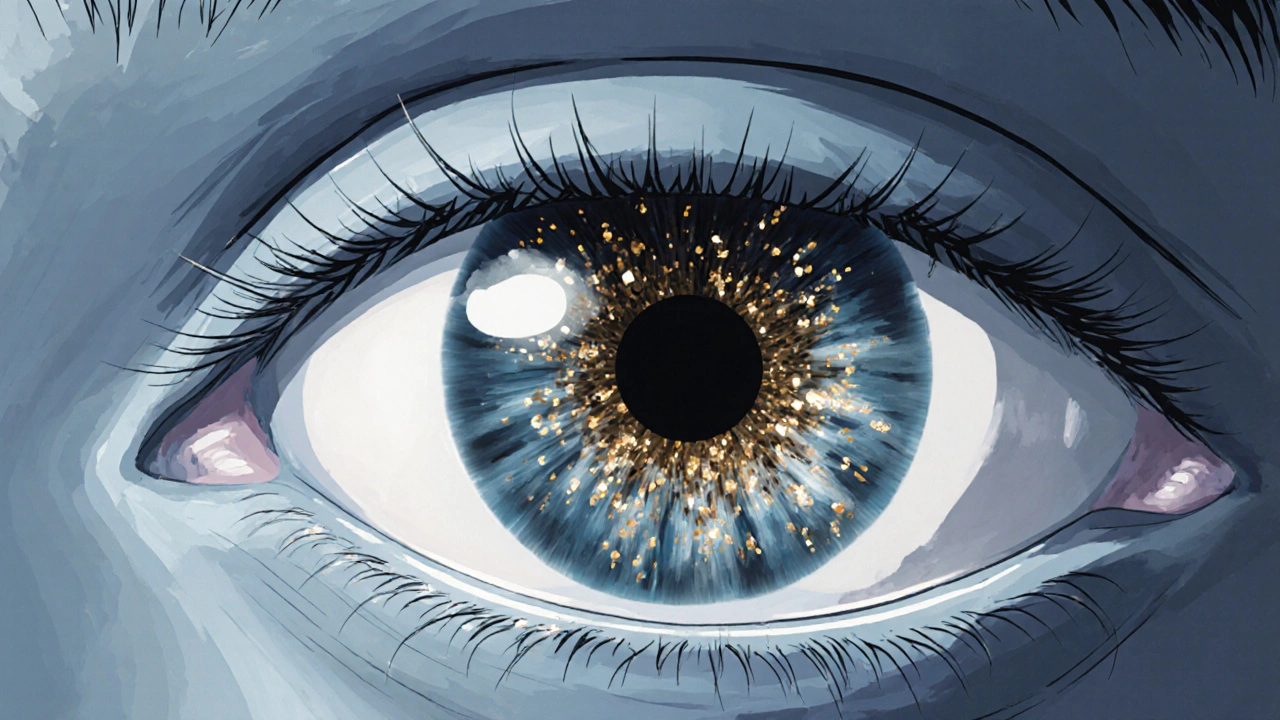Close‑up of an eye showing golden speckled corneal deposits and glare.