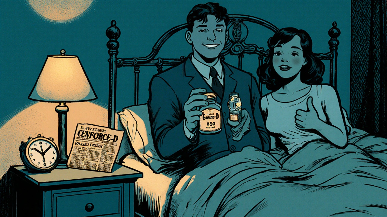 Couple at bedside, man holding Cenforce‑D bottle, smiling and hopeful.