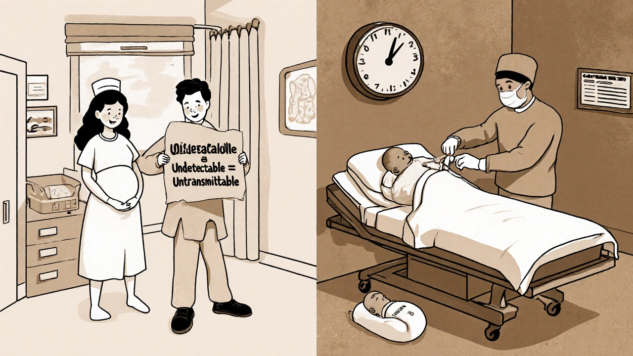 Delivery room showing options: vaginal birth vs. scheduled C‑section with infant prophylaxis.