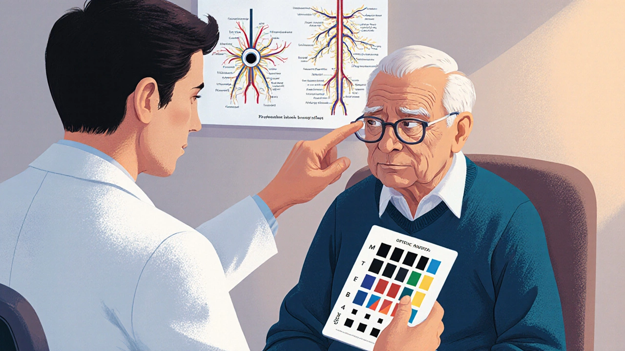 Doctor and elderly patient discussing optic neuropathy using a color‑vision test.