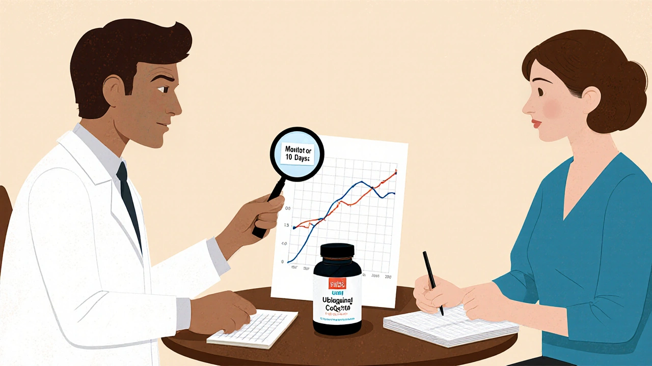 Doctor and patient reviewing blood pressure chart with CoQ10 bottle on table during a consultation.