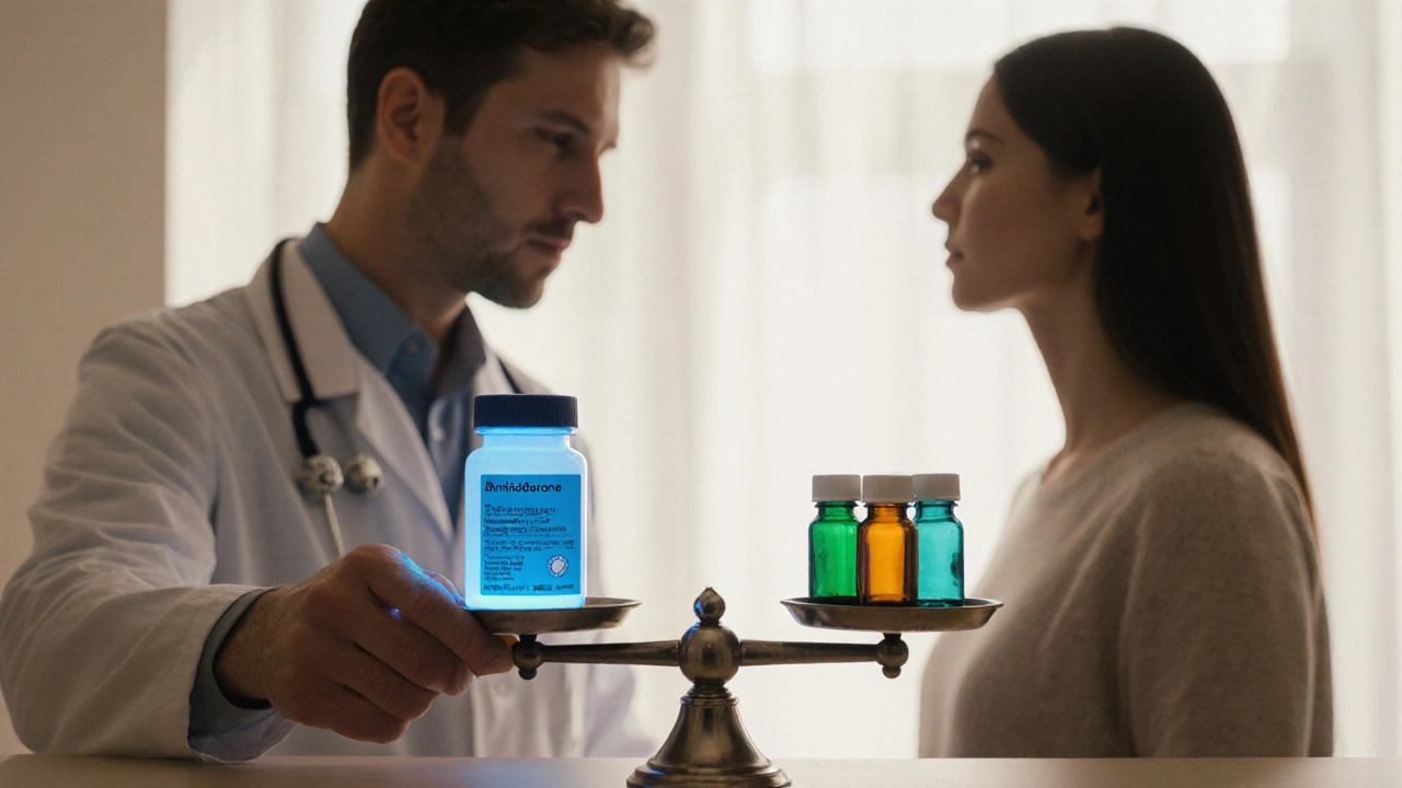 Doctor and patient view a balance scale weighing amiodarone against other anti‑arrhythmic drugs.