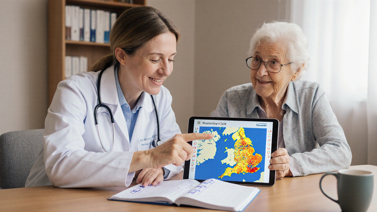 Doctor consulting elderly patient, pointing at tablet with resistance map and checklist.