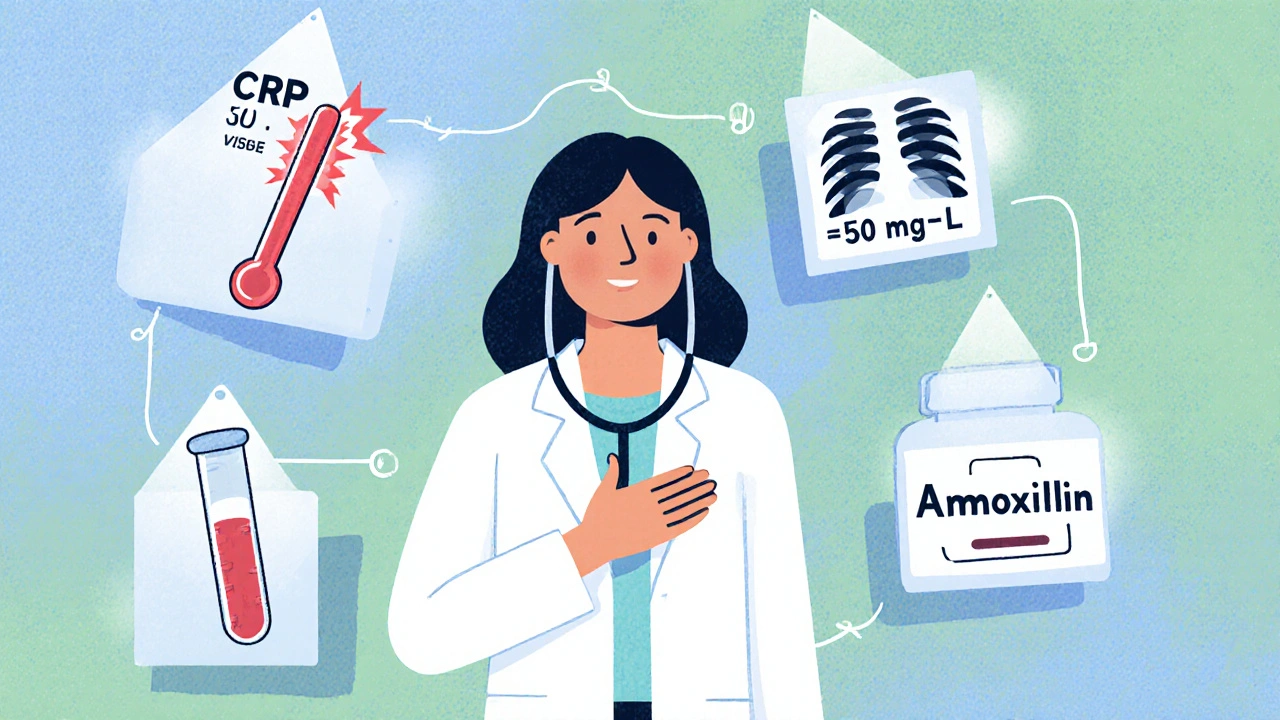 Doctor examining patient with icons for fever, CRP test, X‑ray, and antibiotics.