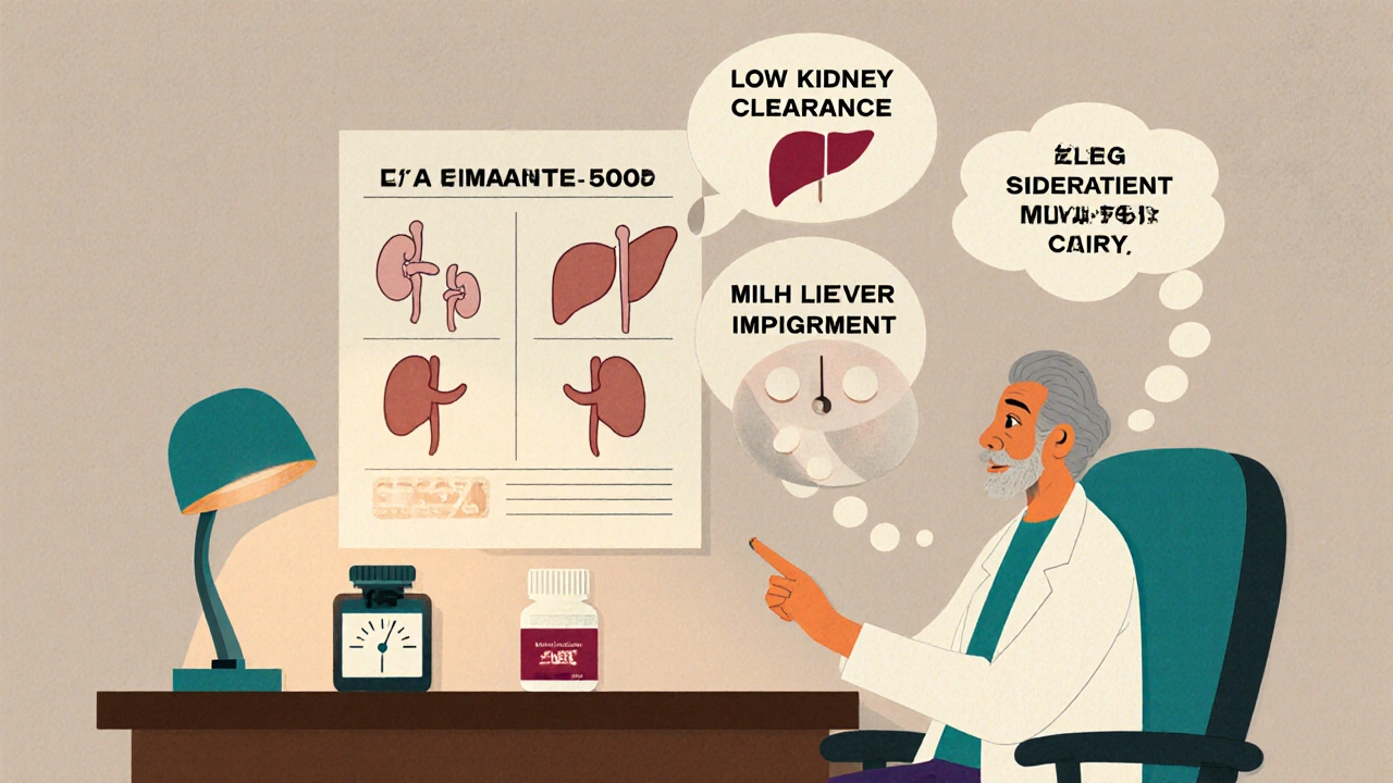 Doctor explaining dosage adjustments to an elderly patient with kidney, liver, weight, and drug interaction illustrations.