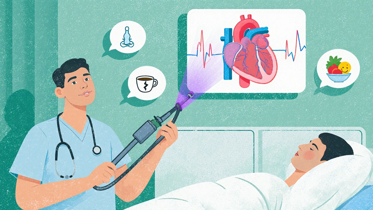Doctor performing catheter ablation with lifestyle icons around the patient.
