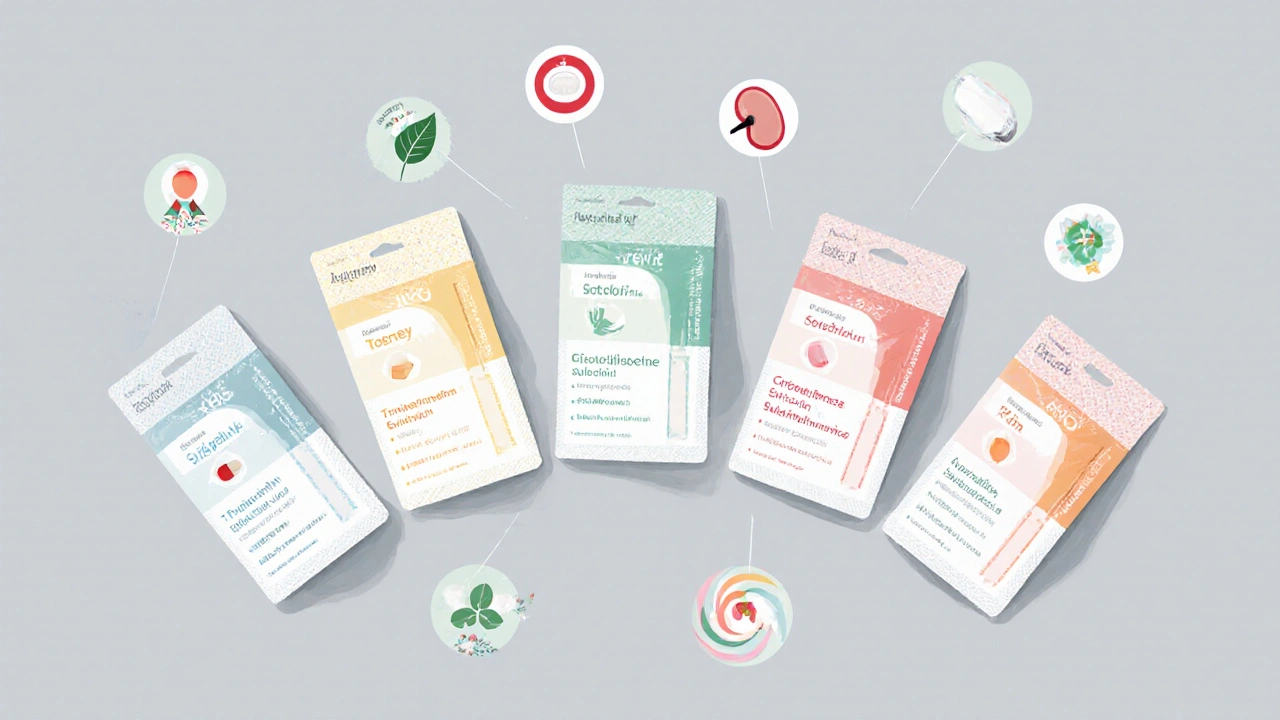 Five antibiotic blister packs with icons for kidney, single dose, tendon, etc., in pastel illustration.