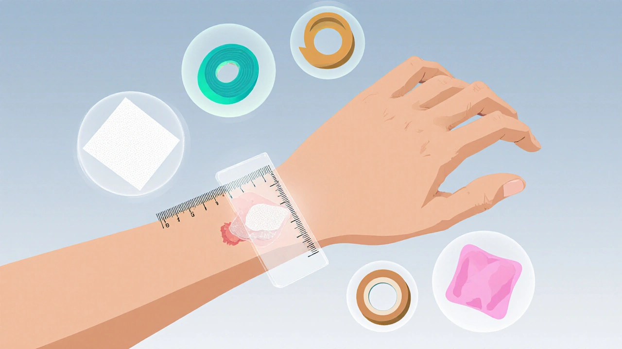 Forearm with a measured abrasion surrounded by floating icons of different dressings.