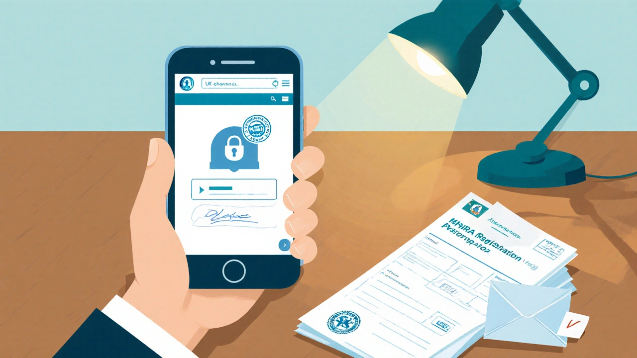 Hand holding a smartphone displaying a secure pharmacy website, with a prescription slip beside it.