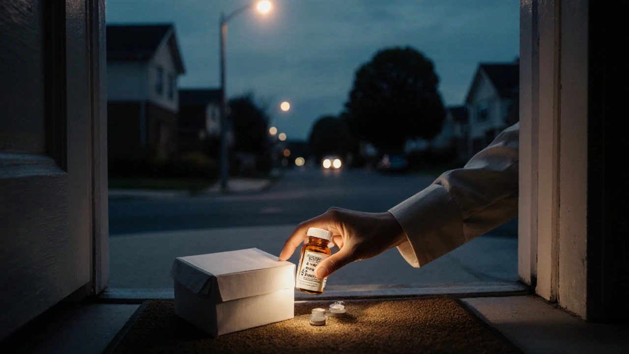 Hand opening a discreet parcel on a doorstep, revealing a sertraline pill bottle.