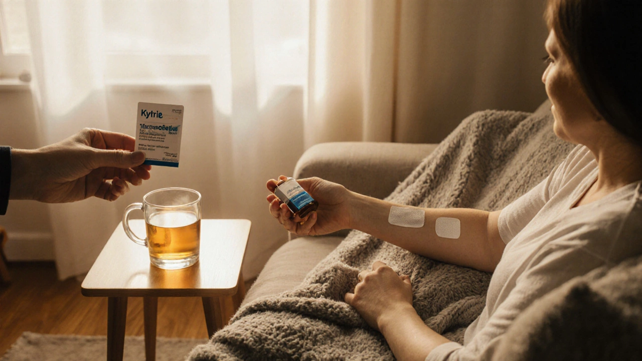 Home setting with patient wearing Kytril patch, tea, and ondansetron bottle.