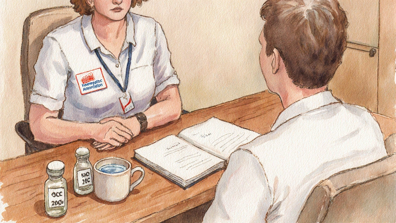 Homeopathic practitioner consulting a patient with vials, water cup, and symptom journal.