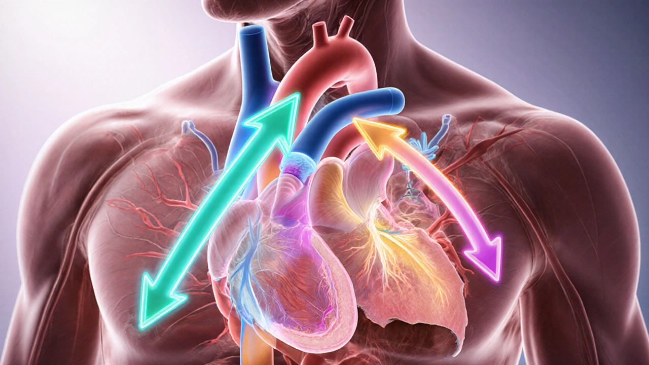 Illustrated heart with visual arrows indicating blocked potassium, sodium, and calcium channels.