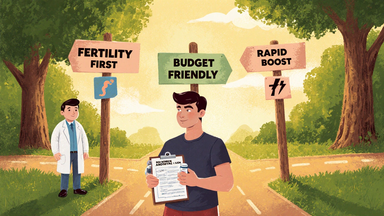 Man at a crossroads choosing fertility, cost, or rapid boost, holding a lab clipboard and Androxal bottle.