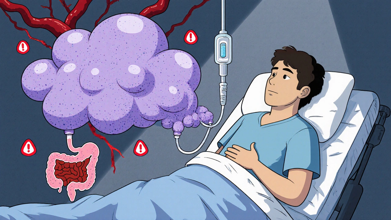 Patient with central line and yeast cells moving toward bloodstream, indicating infection risk.