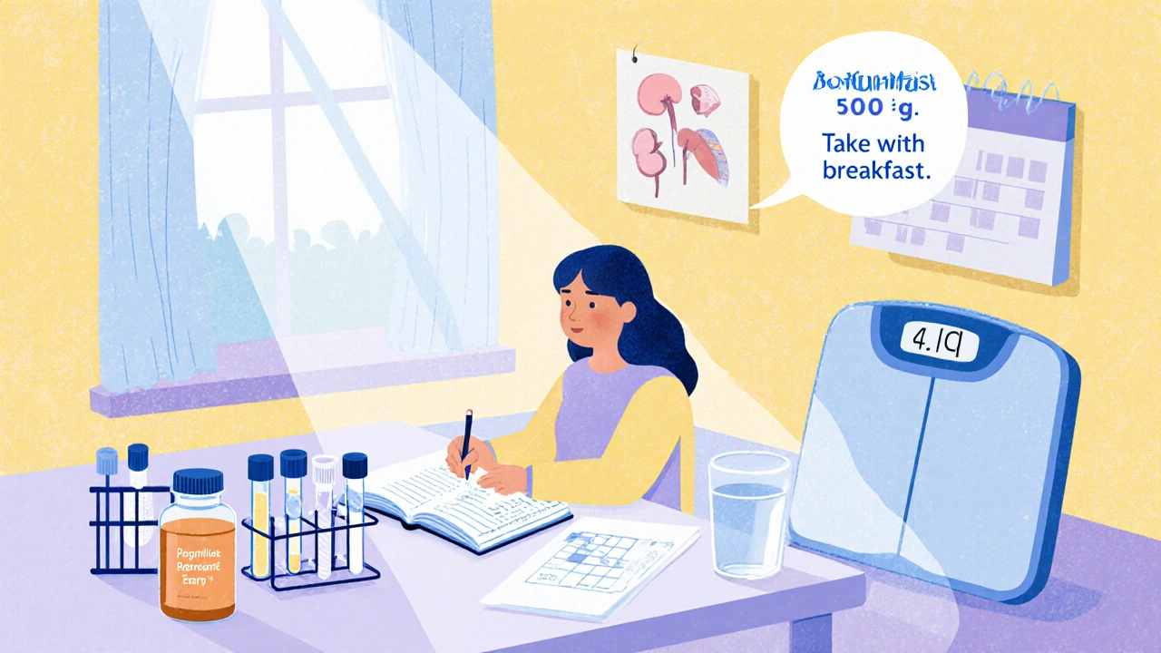 Patient writing in a health journal, checking weight, lab results, and a pill bottle while a calendar shows monitoring schedule.