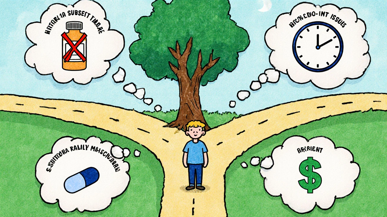 Person at crossroads with thought bubbles choosing ADHD medication paths.
