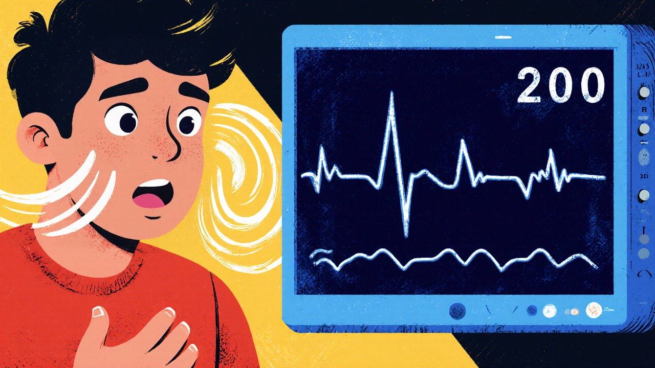 Person clutching chest with dizziness, beside a fast 200 bpm ECG display.
