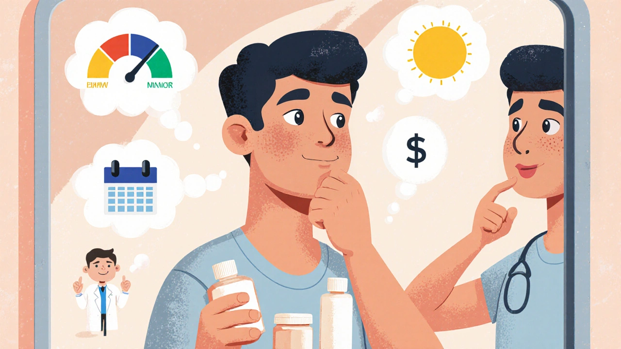 Person in bathroom mirror contemplating various retinoid products with thought icons.