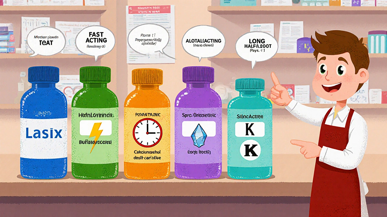 Pharmacy counter showing assorted diuretic bottles with cartoon labels.