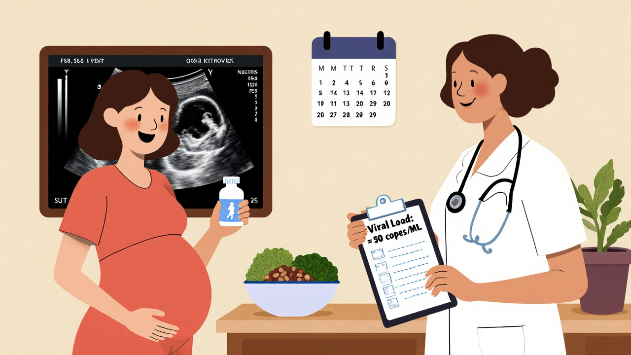 Pregnant woman reviewing ultrasound while holding ART medication.