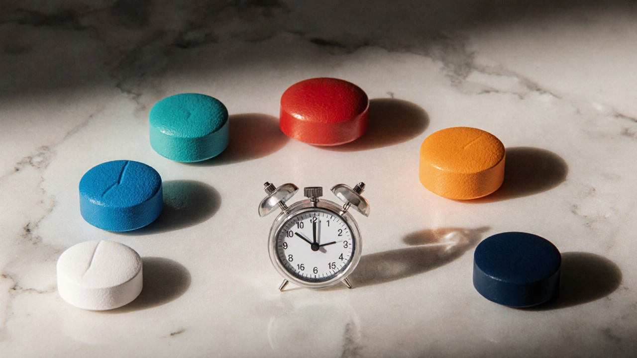 Six different ED pills on a marble surface with nearby clocks showing various onset and duration times.