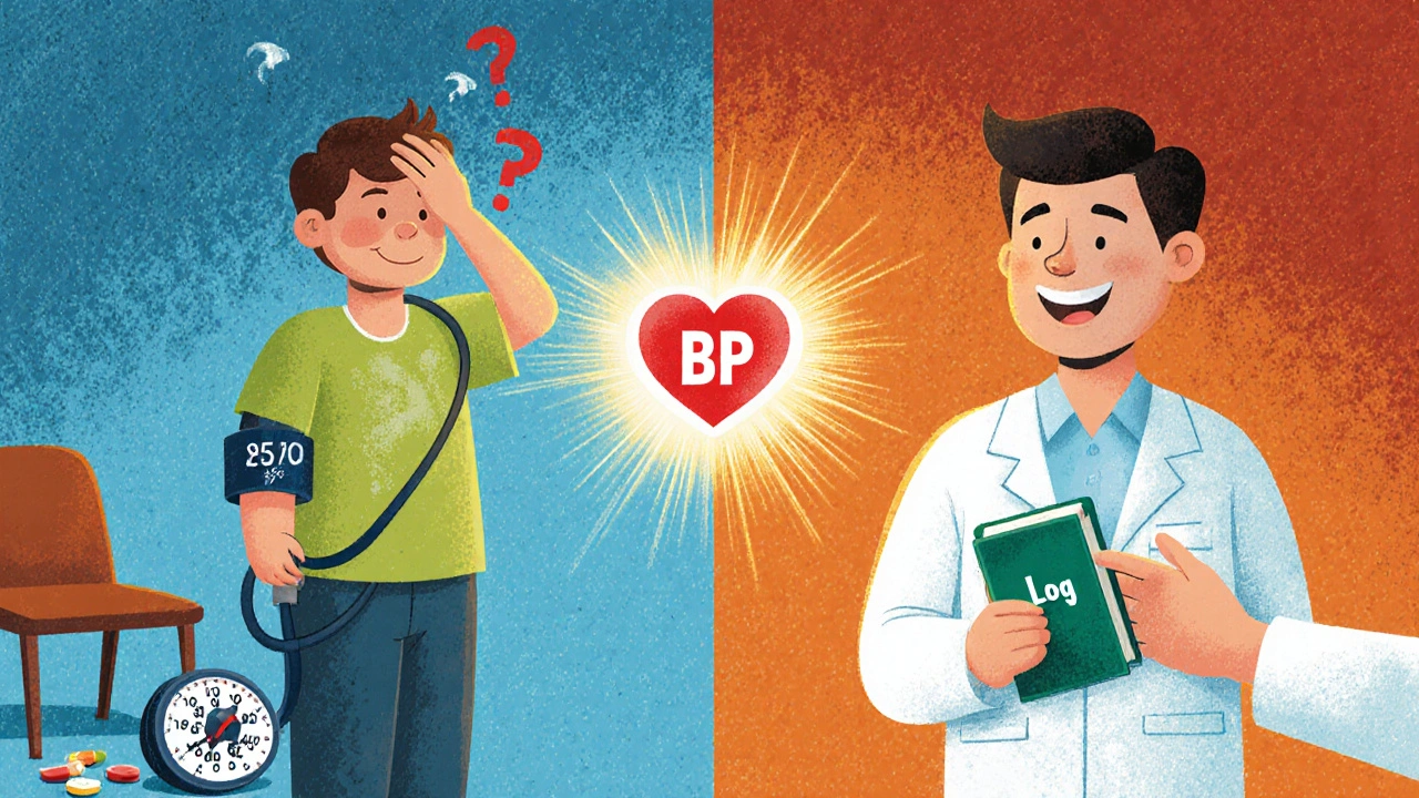 Split illustration showing dizziness from low blood pressure vs. calm monitoring with doctor&#039;s support.