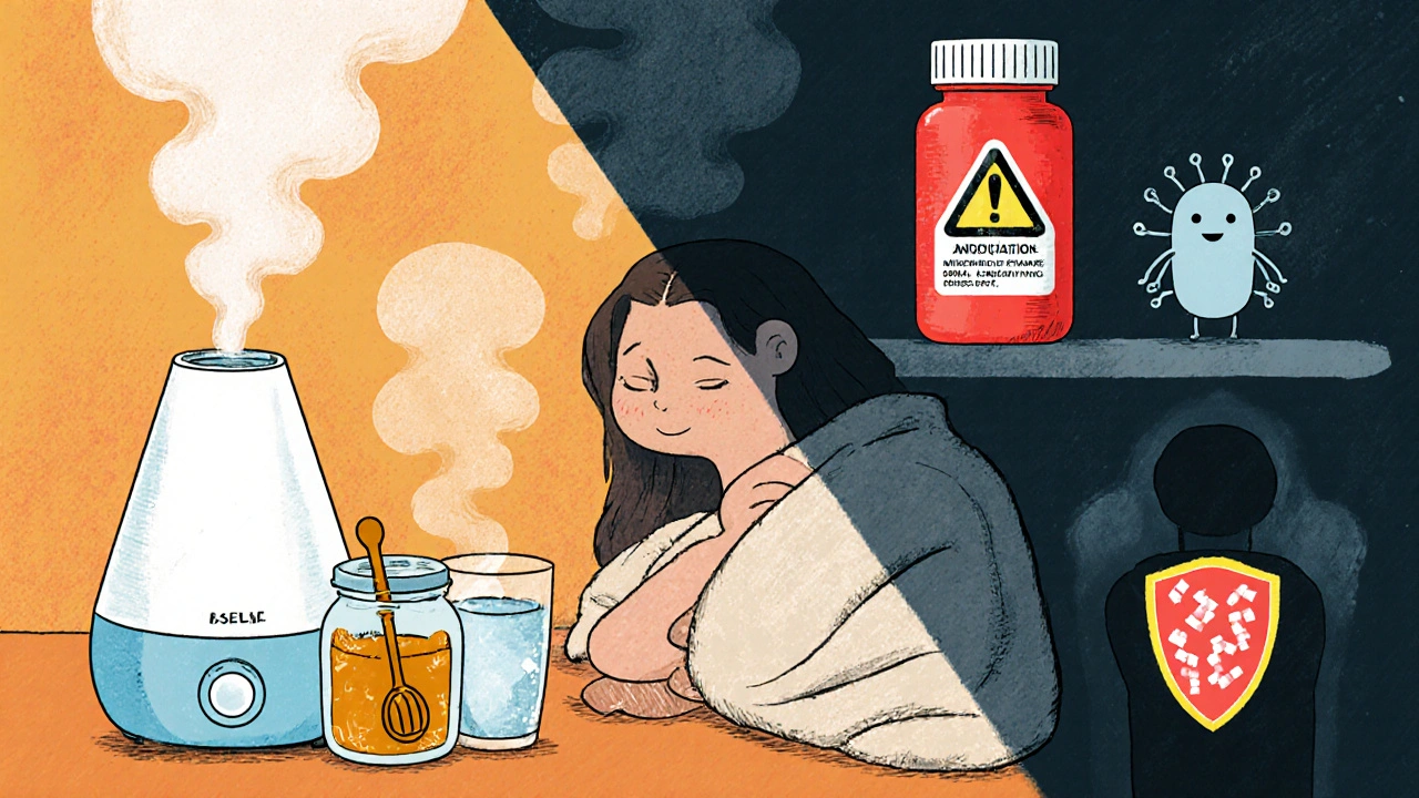 Split scene of supportive care items versus antibiotic warning symbols.
