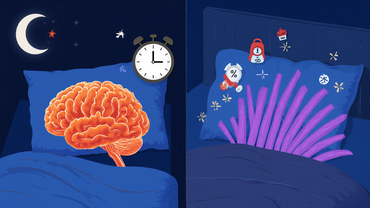 Split scene showing contrasting REM patterns in depression (continuous) and anxiety (fragmented).