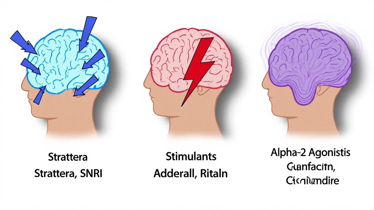 Three cartoon brains illustrating norepinephrine, dopamine, and alpha‑2 effects.