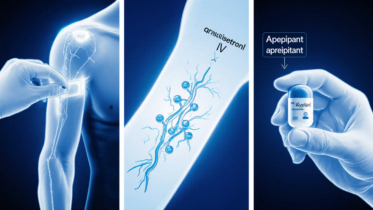 Three‑panel illustration: patch on arm, IV line delivering Kytril, aprepitant capsule.