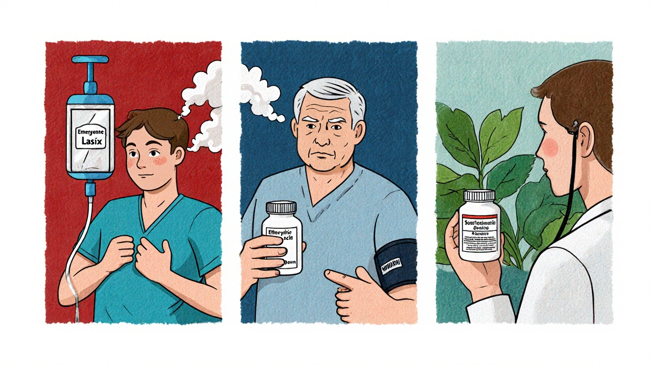 Three panels: emergency Lasix IV, home Hydrochlorothiazide pill, Ethacrynic acid for sulfa allergy.