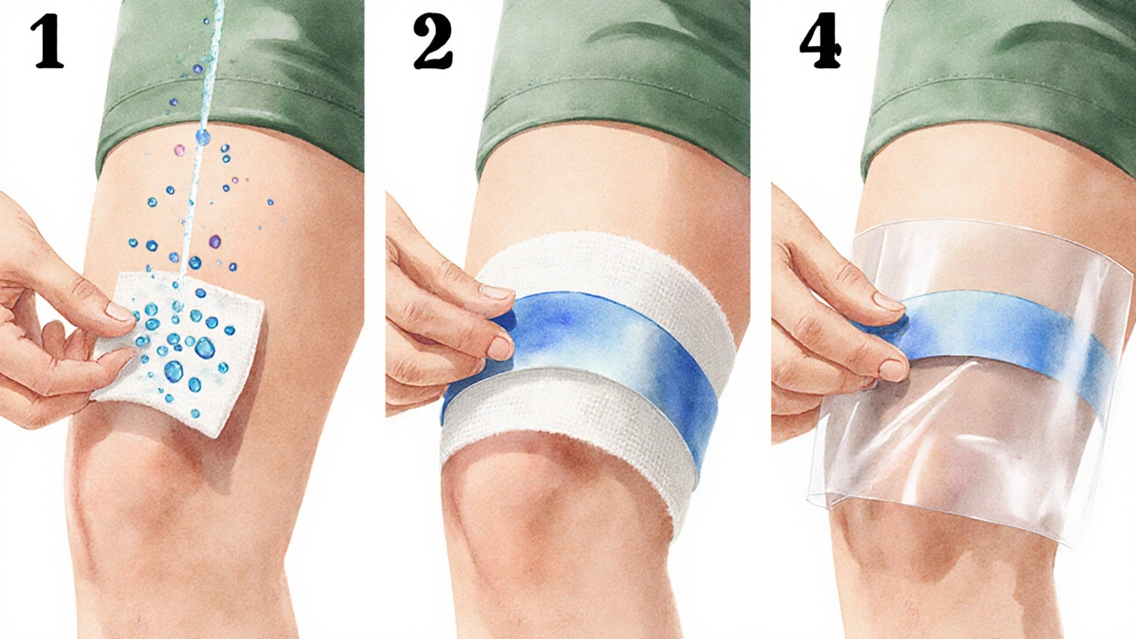 Three watercolor panels showing cleaning, gauze placement, and waterproof film on a knee wound.