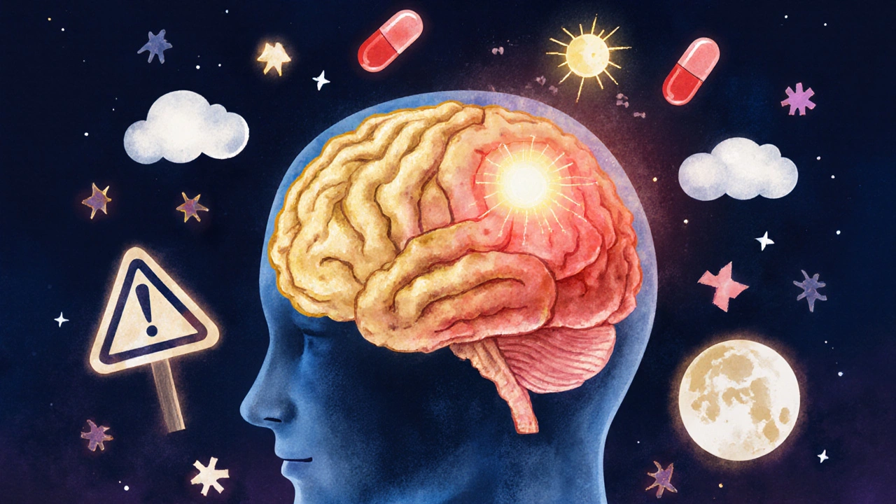 A brain showing natural melatonin levels versus an overdose, with dream and grogginess icons representing side effects.