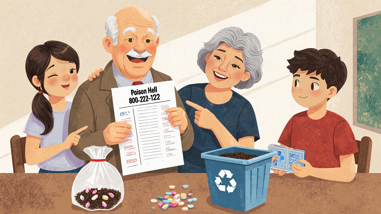 A family reviewing a medication list with the Poison Help number visible on a phone.