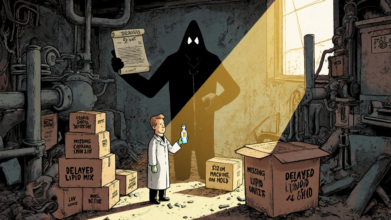 A fragile mRNA factory in South Africa with delayed equipment, a scientist holding a single vial.