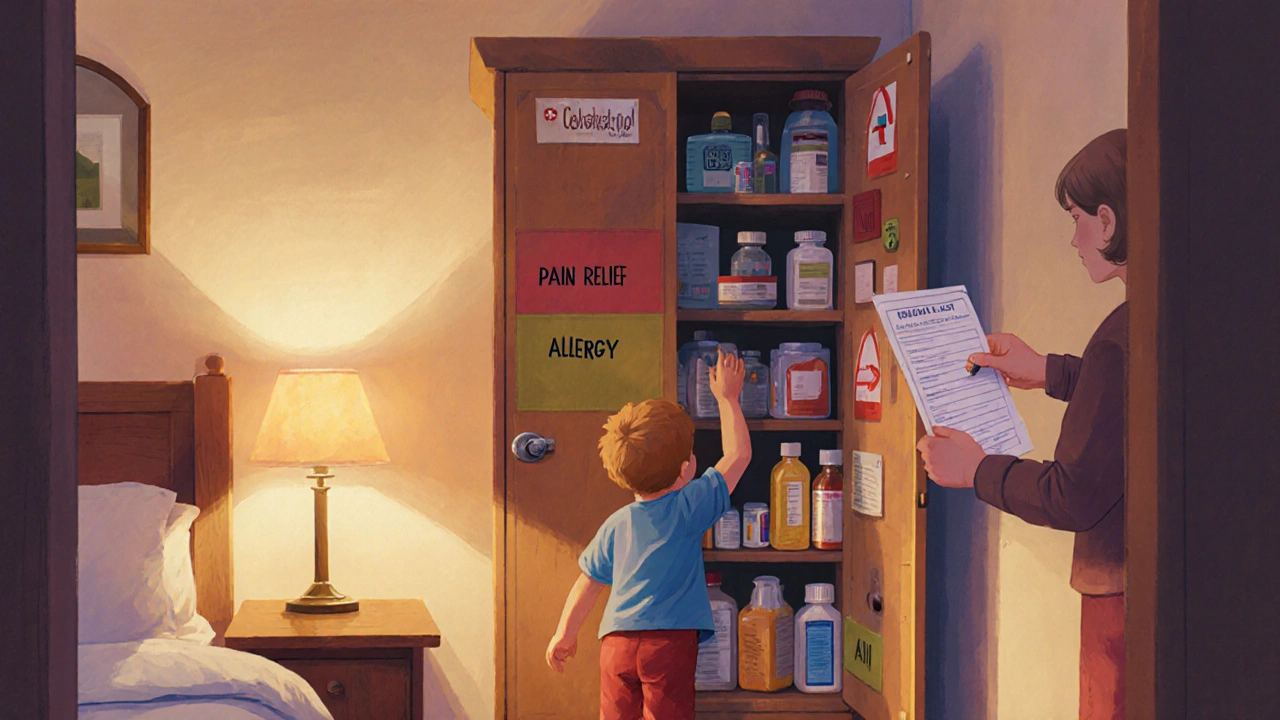 A locked bedroom cabinet with neatly organized medicine sections, a child looking up at it safely.