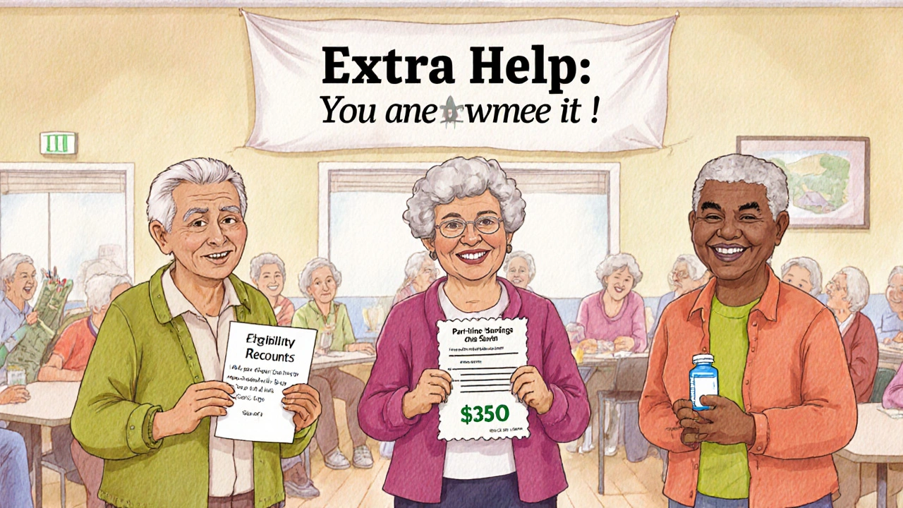 Diverse seniors in community center holding proof of eligibility and insulin bottle.