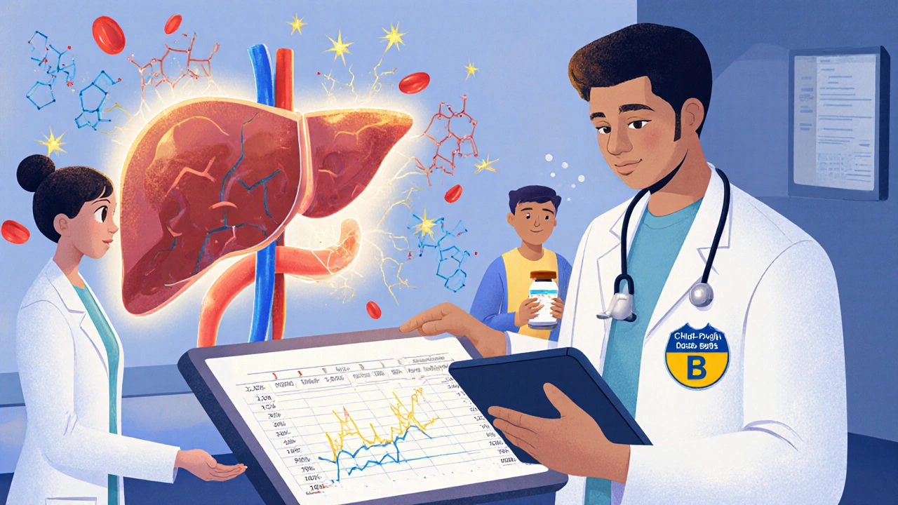 Doctor and pharmacist using a digital liver model to adjust medication dosage for a patient.