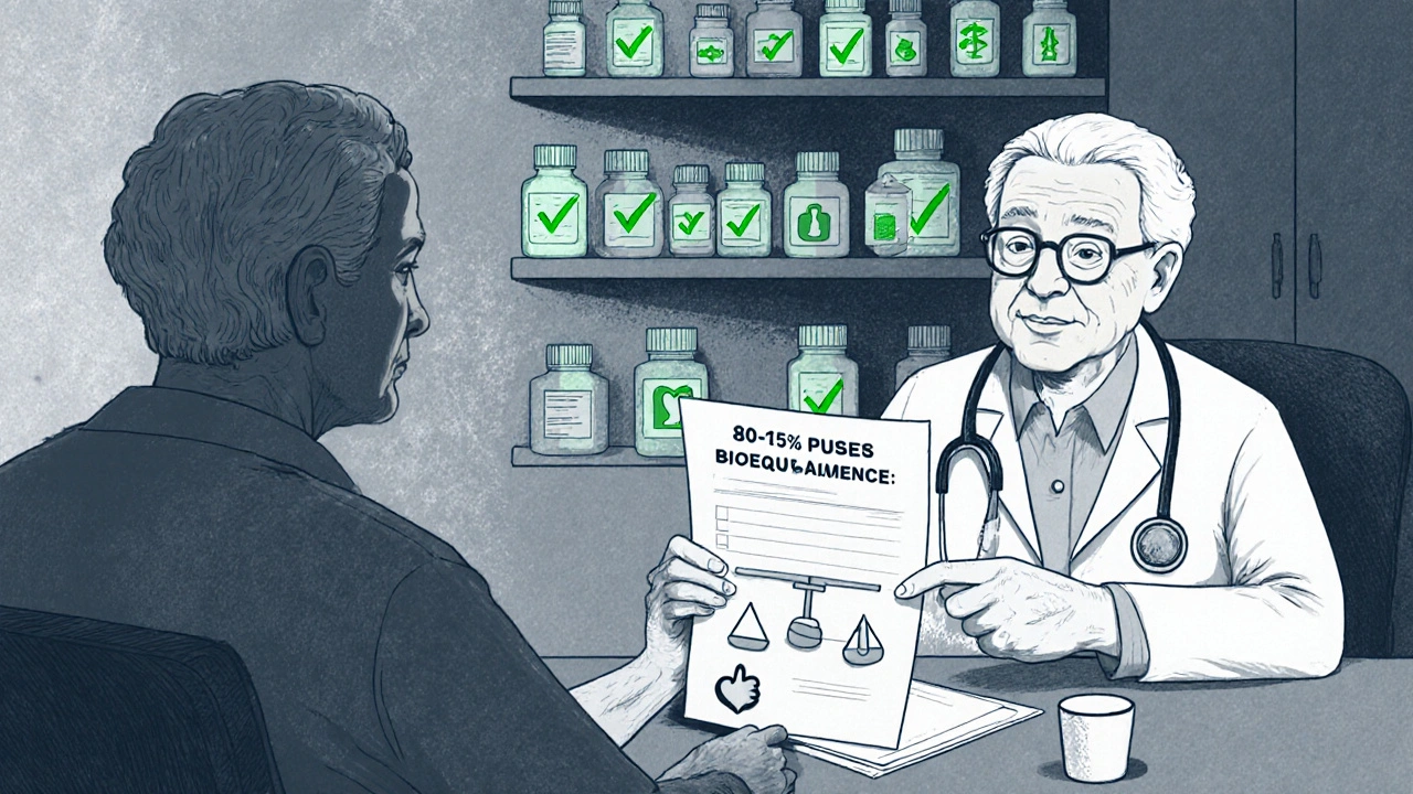 Doctor explaining generic medication equivalence to an elderly patient using a simple illustrated handout.