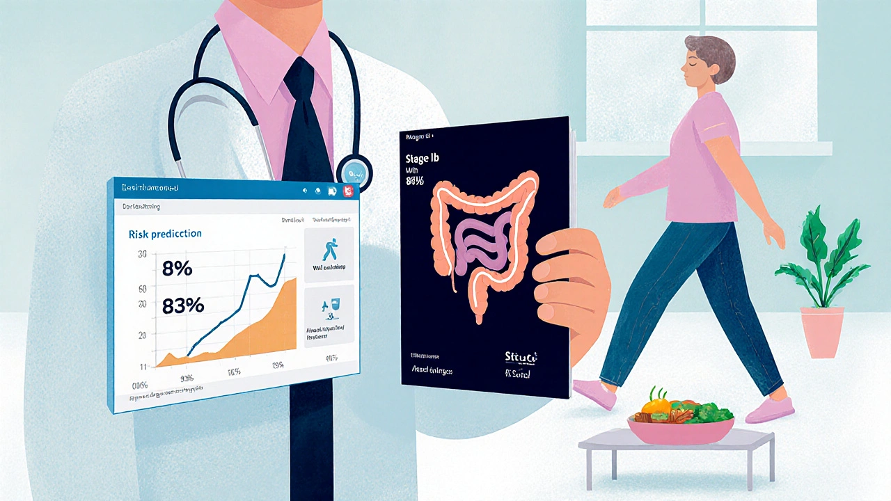 Doctor reviewing CT scan with AI risk prediction interface