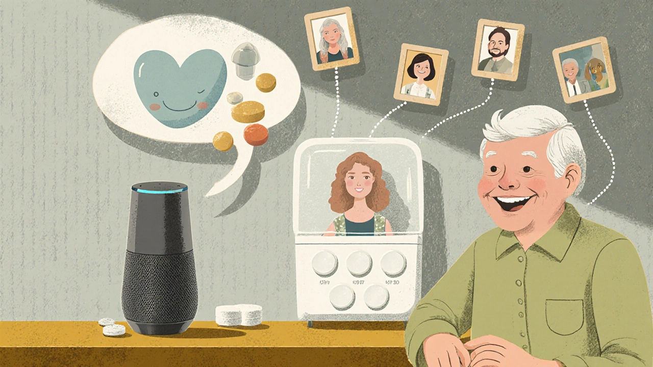 Elderly person receiving voice reminder from friendly cartoon assistant, with family photos and simple pill dispenser nearby.