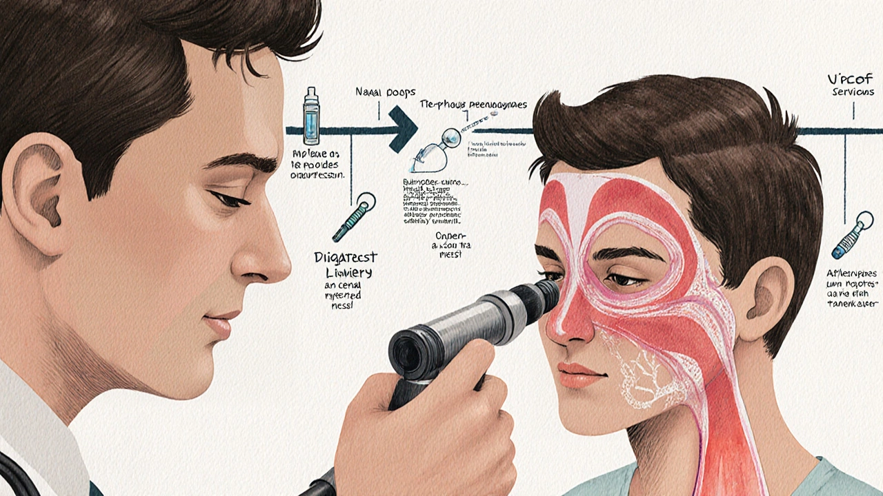 ENT specialist examining sinuses with endoscope, showing blocked passages and polyps.